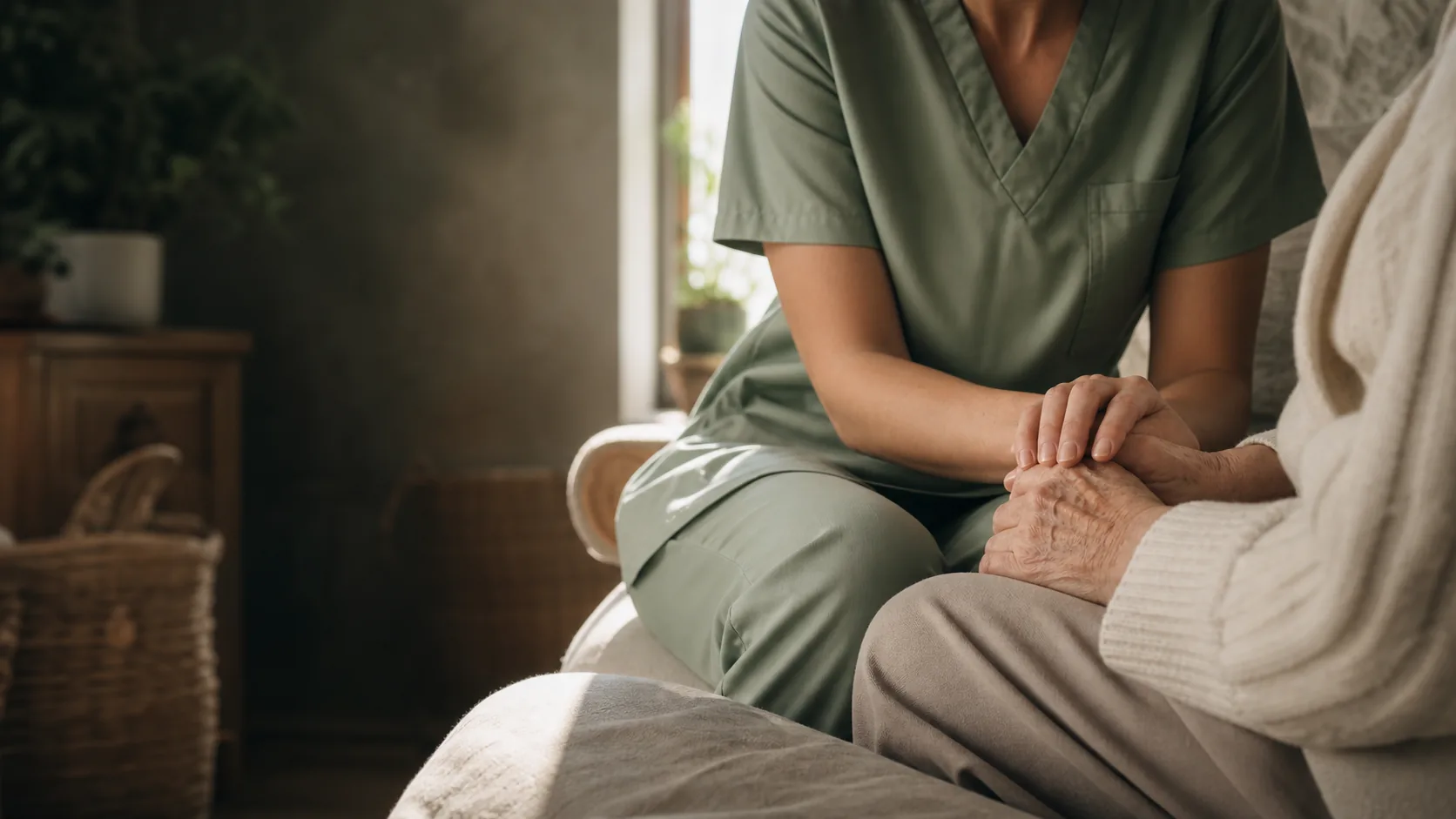 Une infirmière rassure une personne âgée à son domicile