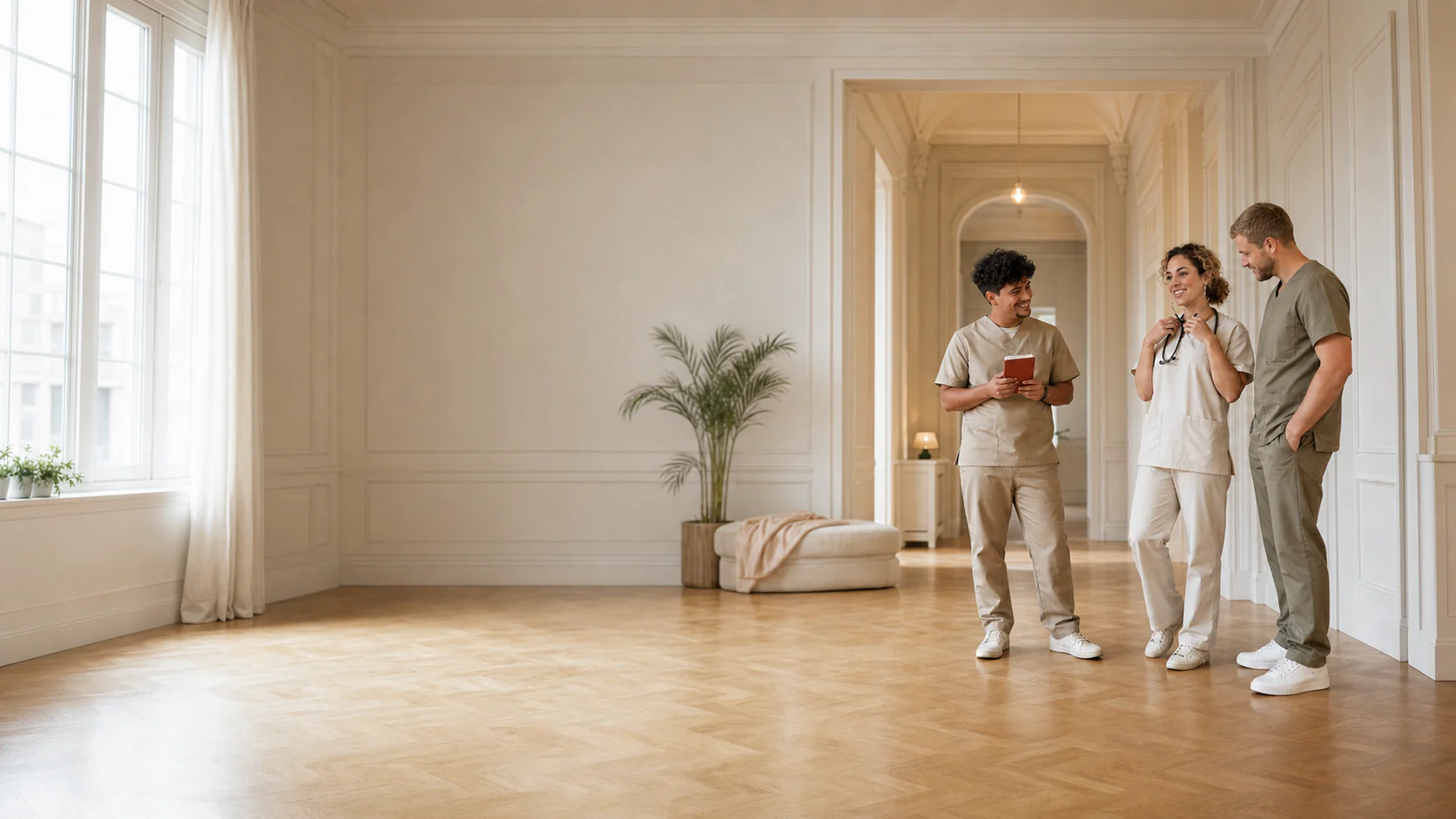 L'équipe MTSoins en tenue infirmière dans un intérieur lumineux