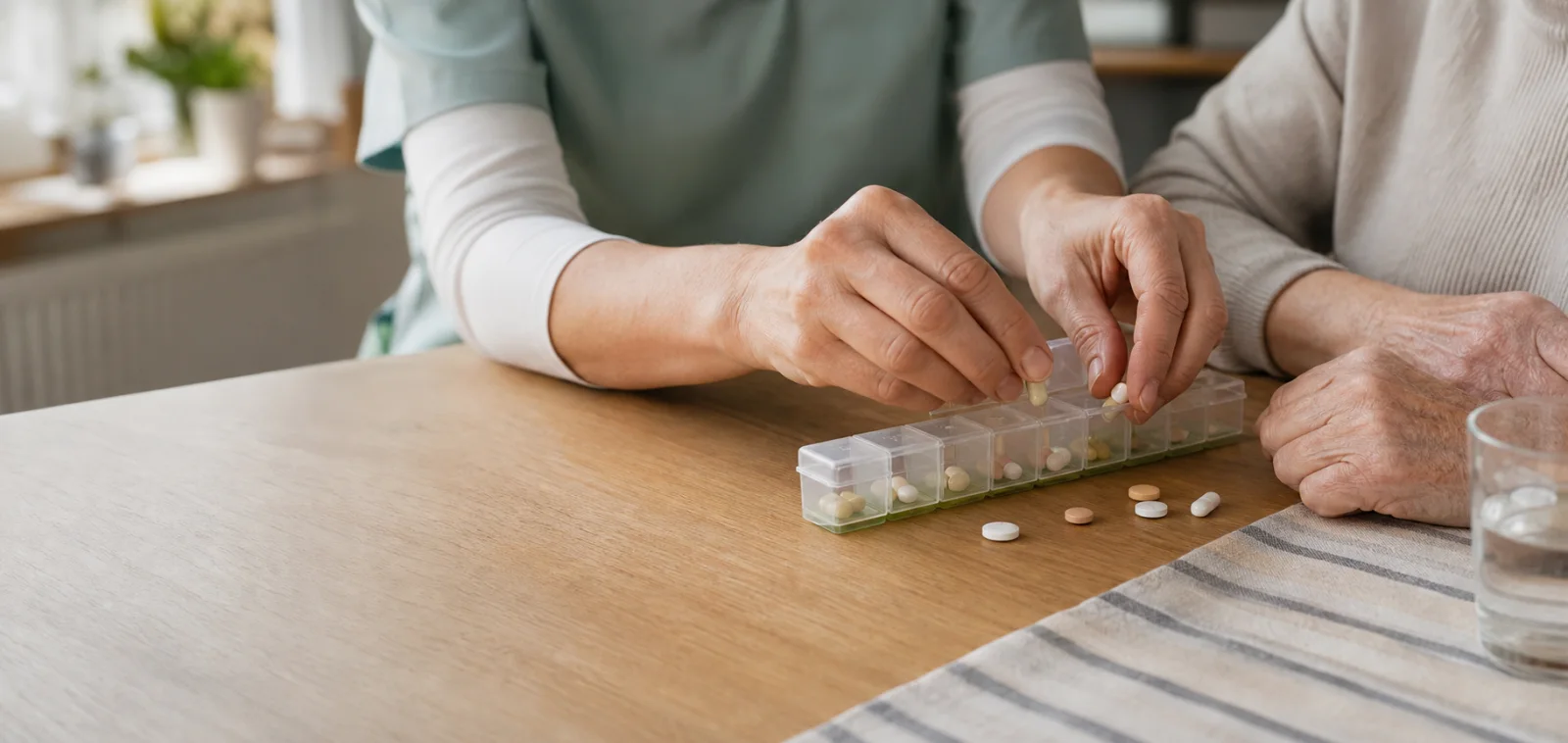 Une infirmière prépare un pilulier avec une personne âgée à son domicile