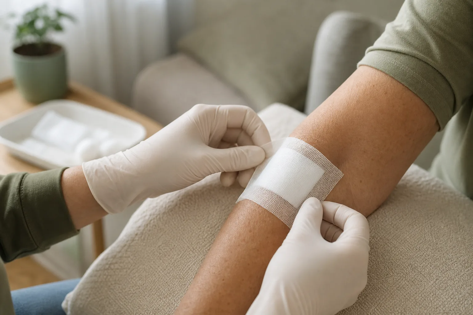 Mains gantées appliquant un pansement propre sur un avant-bras