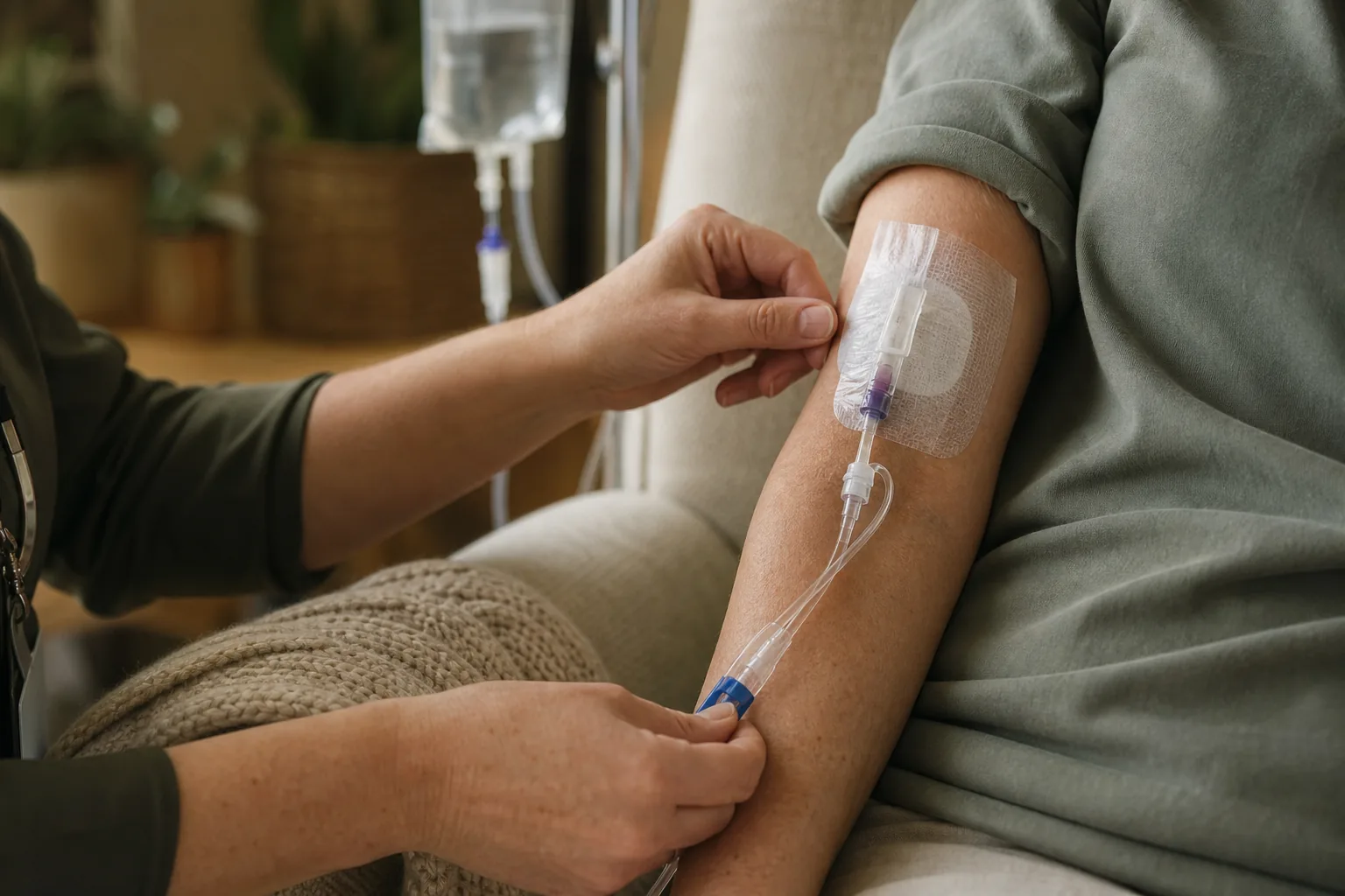 Mains ajustant une ligne de perfusion sur un fauteuil à domicile