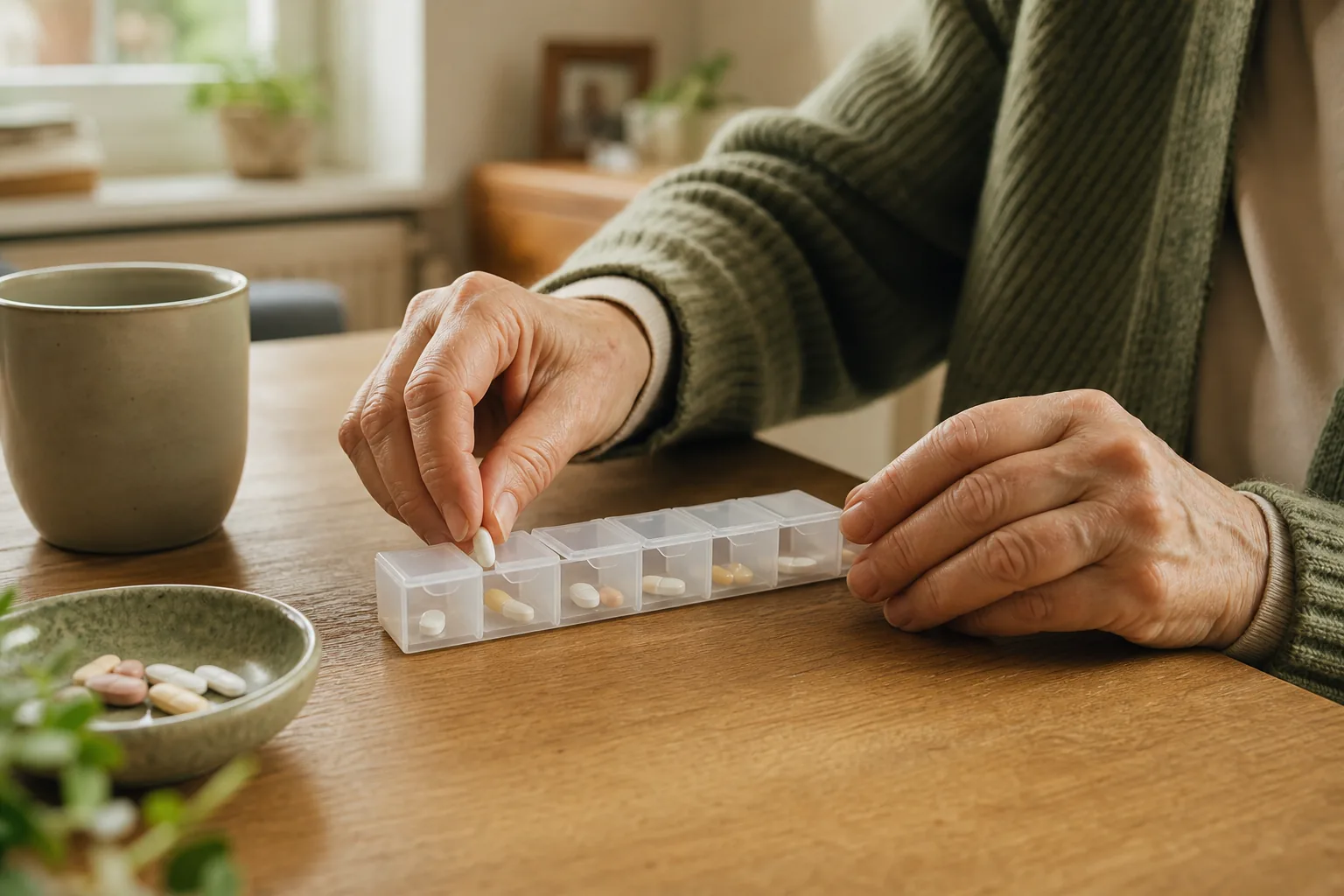 Mains préparant un pilulier hebdomadaire sur une table en bois