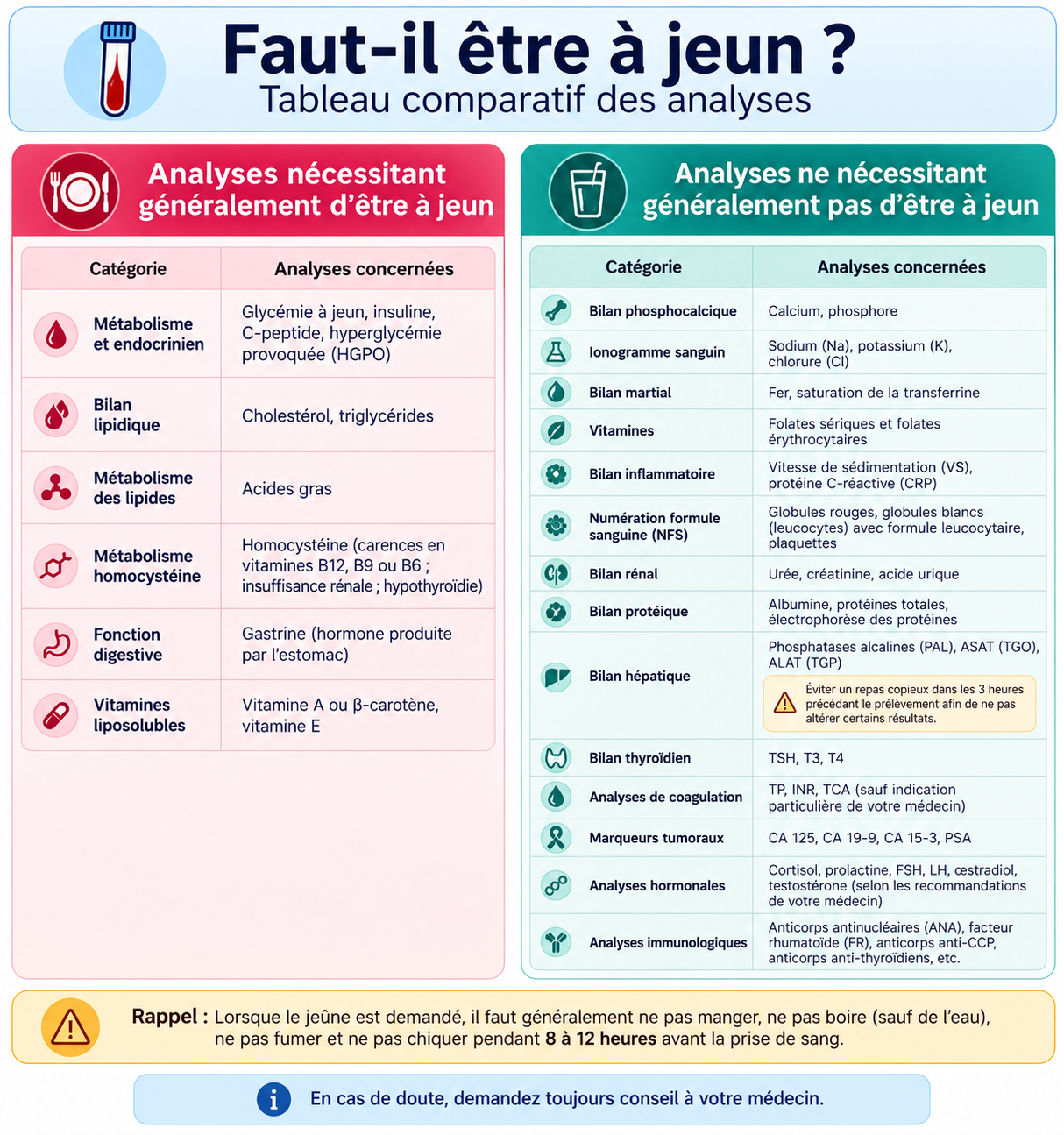 tableau comparatif des analyses biologiques a jeun ou non 